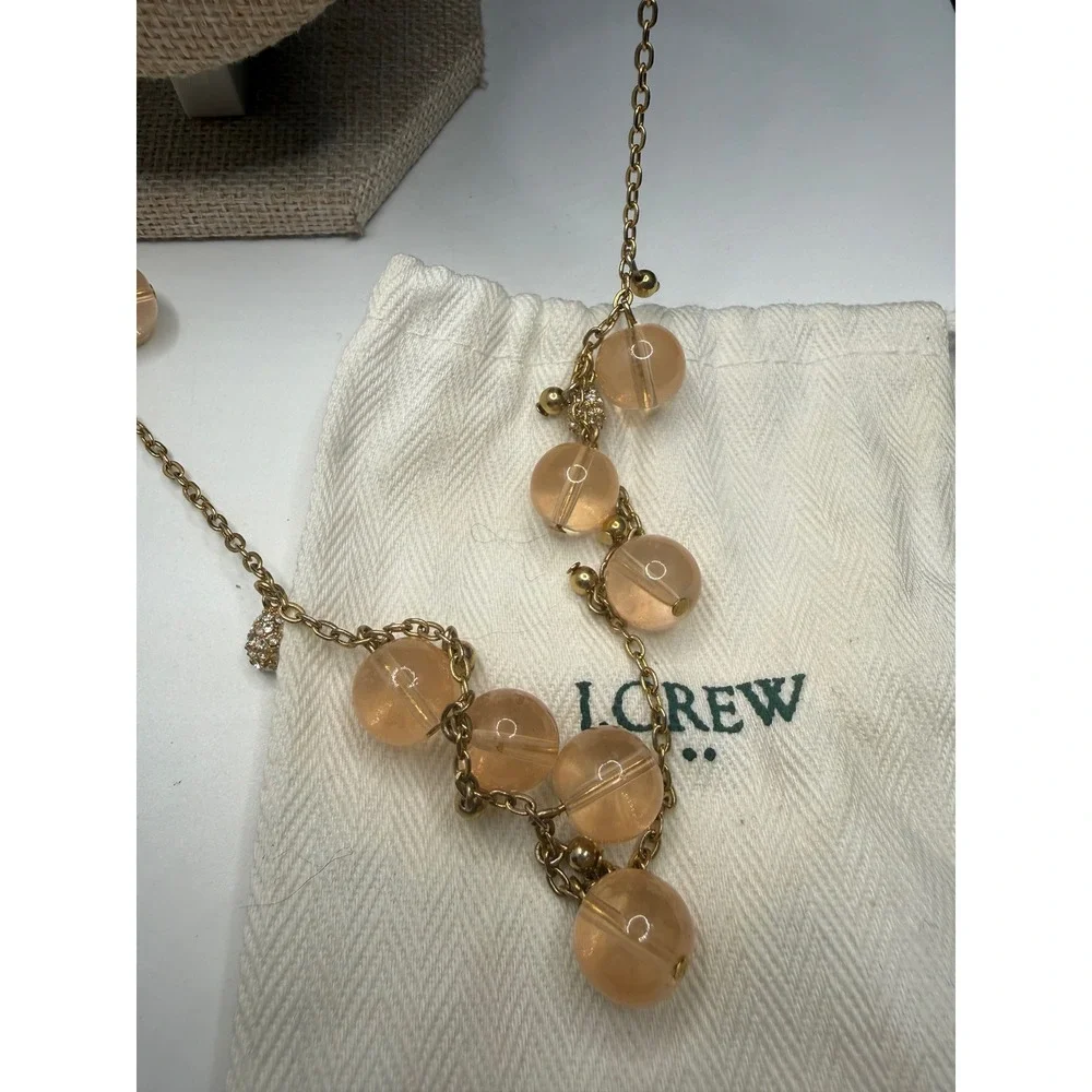 J.Crew Gold Tone Long Peach‎ Bead Pave Crystal Charm Necklace with Dust Bag